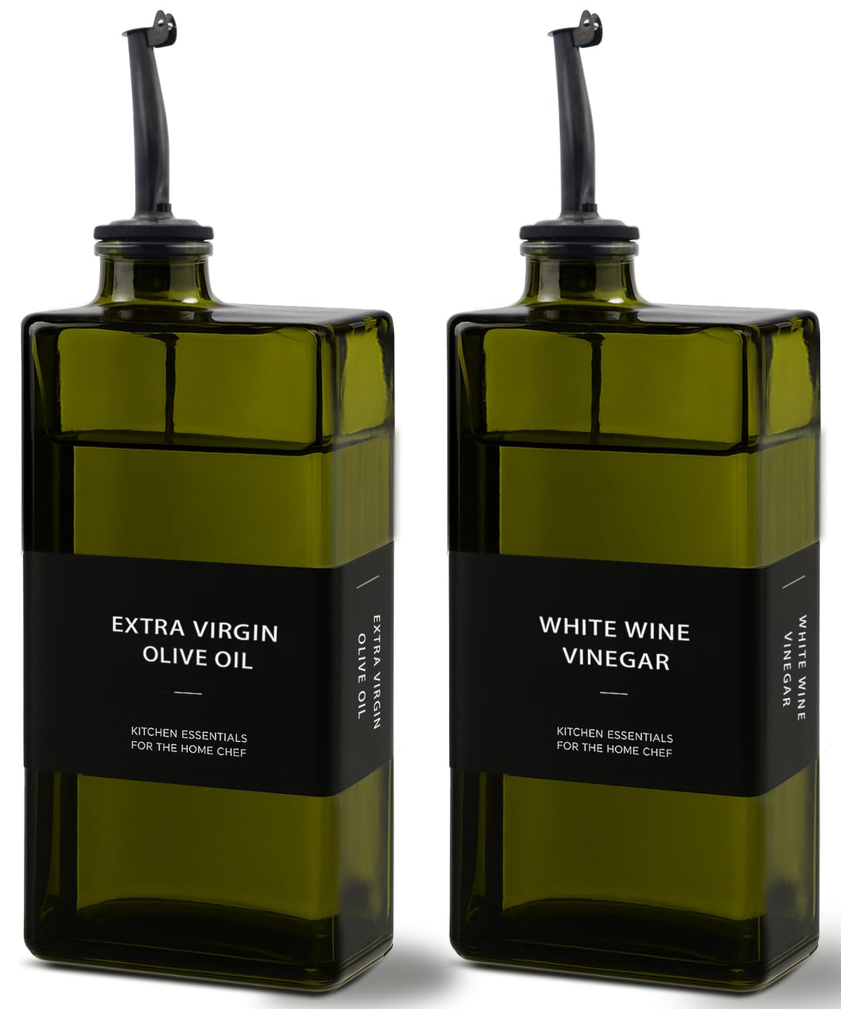Gelury olive oil dispenser in green book-design bottle for space-saving countertops.