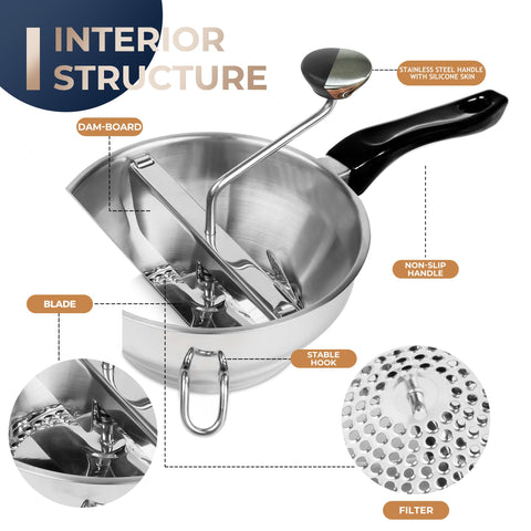 Gemfino food mill dual hook design stabilizes it on bowls during use.
