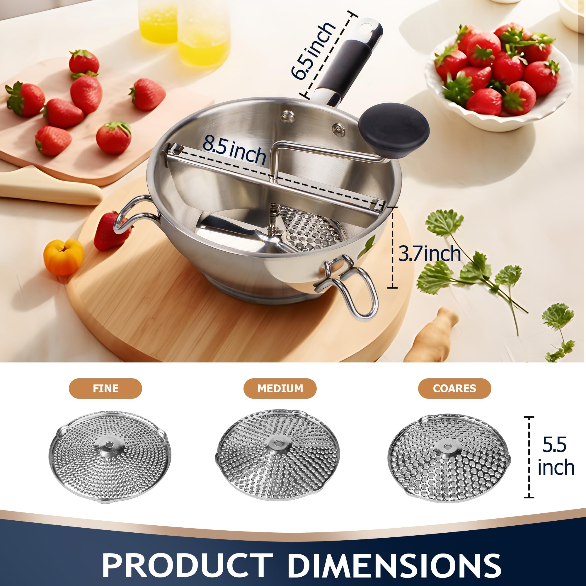 Gemfino food mill triangle-stability maintains steady action on the bowl.