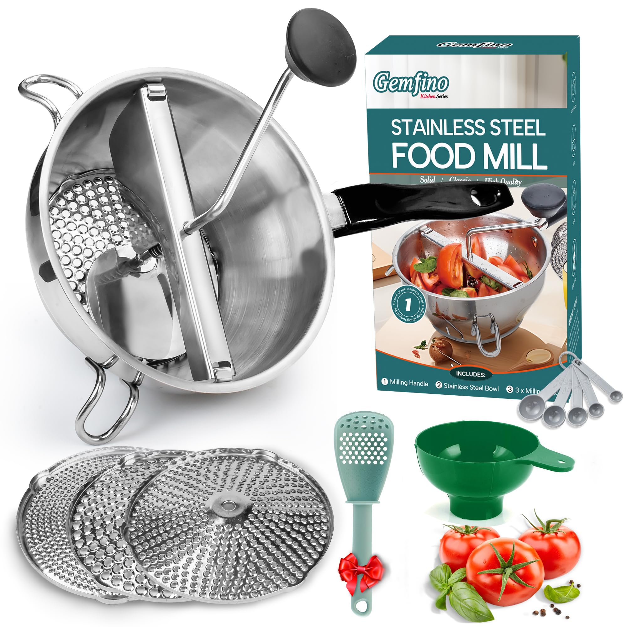 Gemfino stainless steel food mill with three discs for versatile sauce and mashed potatoes.