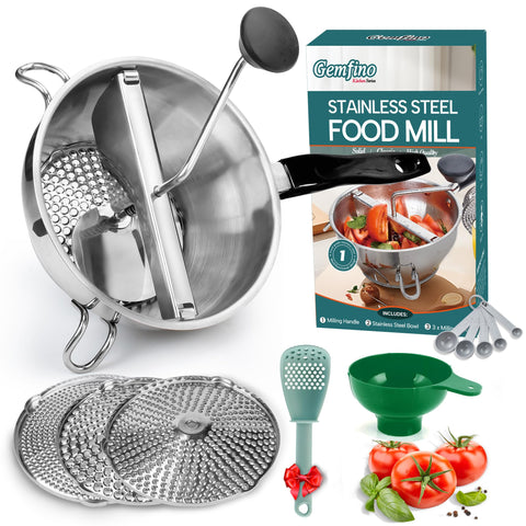 Gemfino stainless steel food mill with three discs for versatile sauce and mashed potatoes.