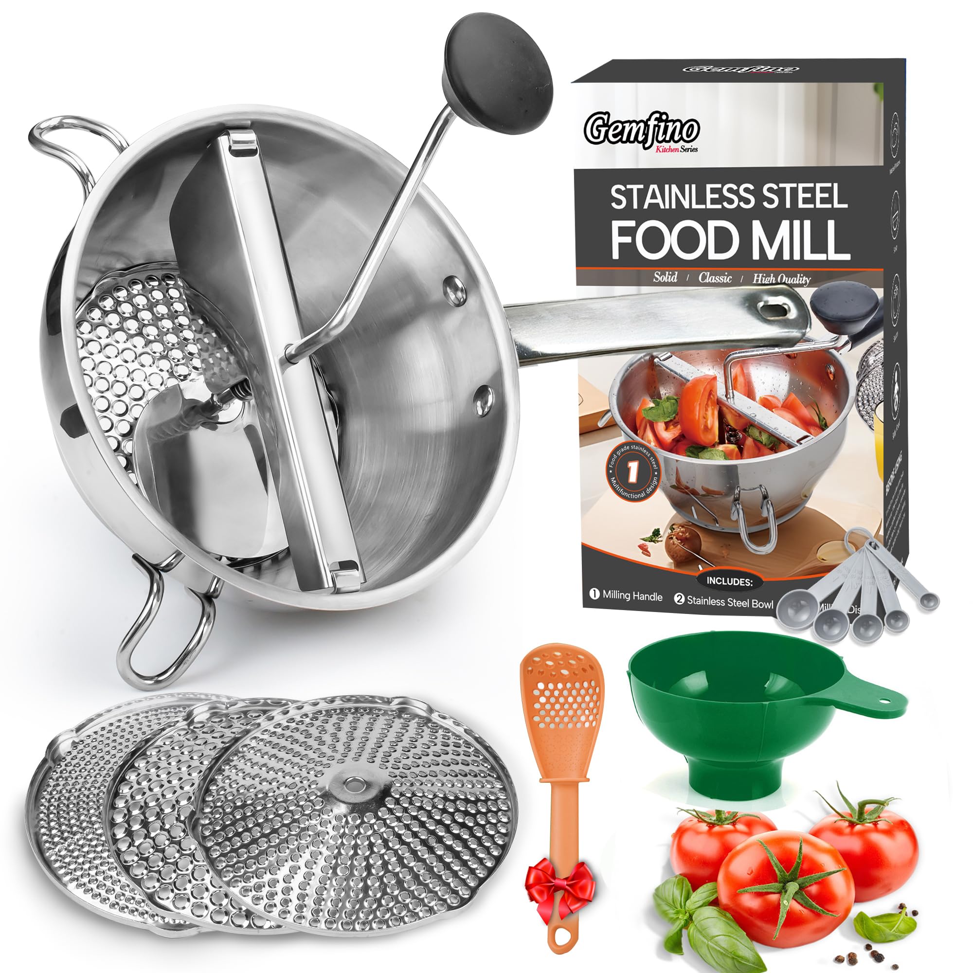 Gemfino stainless steel food mill assembled unit for quick sauce and mash prep.