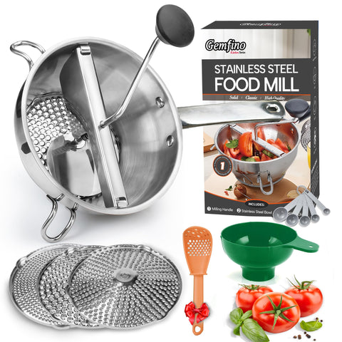 Gemfino stainless steel food mill assembled unit for quick sauce and mash prep.