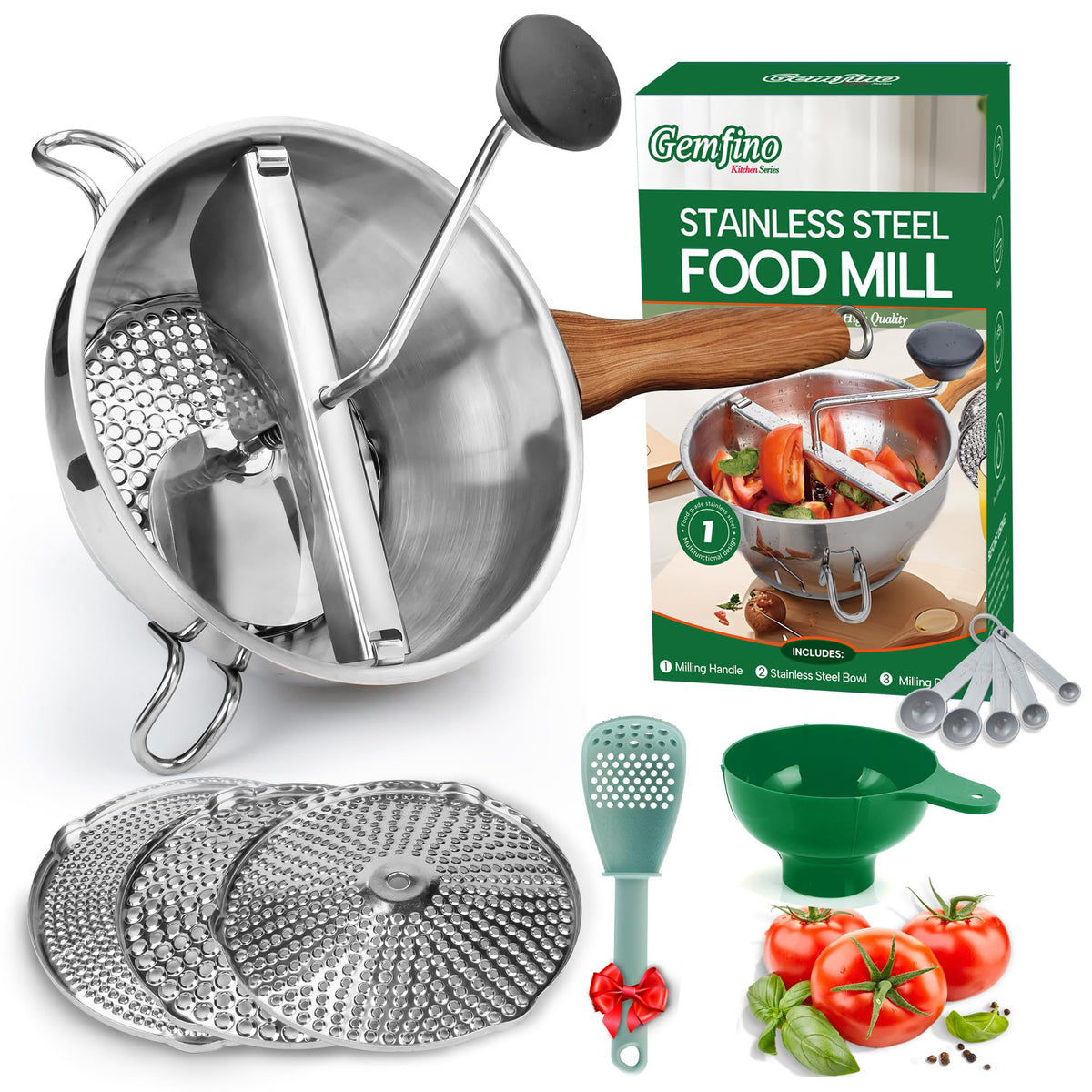 Gemfino stainless steel food mill blue MW-N02 full product view for sauces and canning.