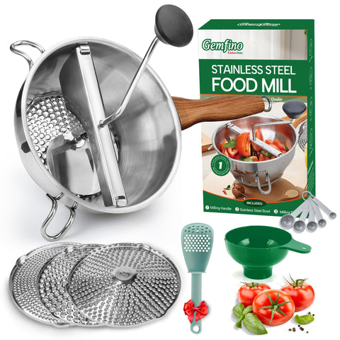 Gemfino stainless steel food mill blue MW-N02 full product view for sauces and canning.
