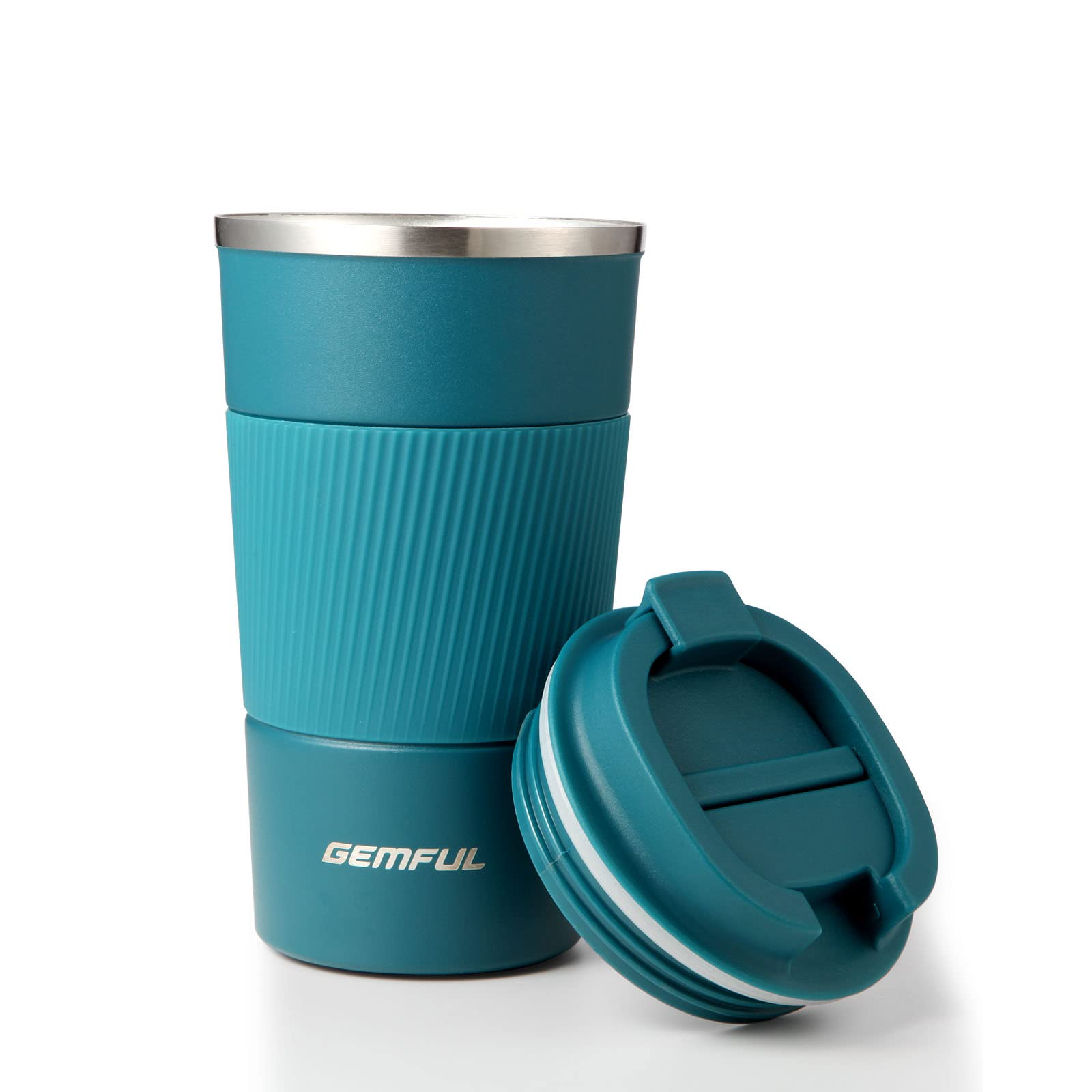 GEMFUL 17oz travel mug with blue lid keeps hot drinks warm on the go.