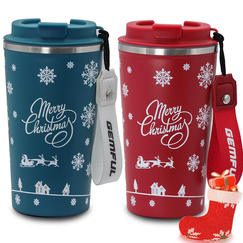 Gemful Christmas travel mug with blue strap keeps coffee hot on the go.