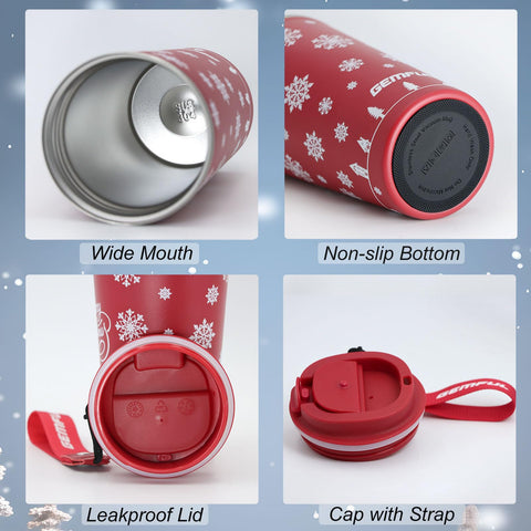 Gemful Christmas travel mug with red strap for easy one-handed carrying.