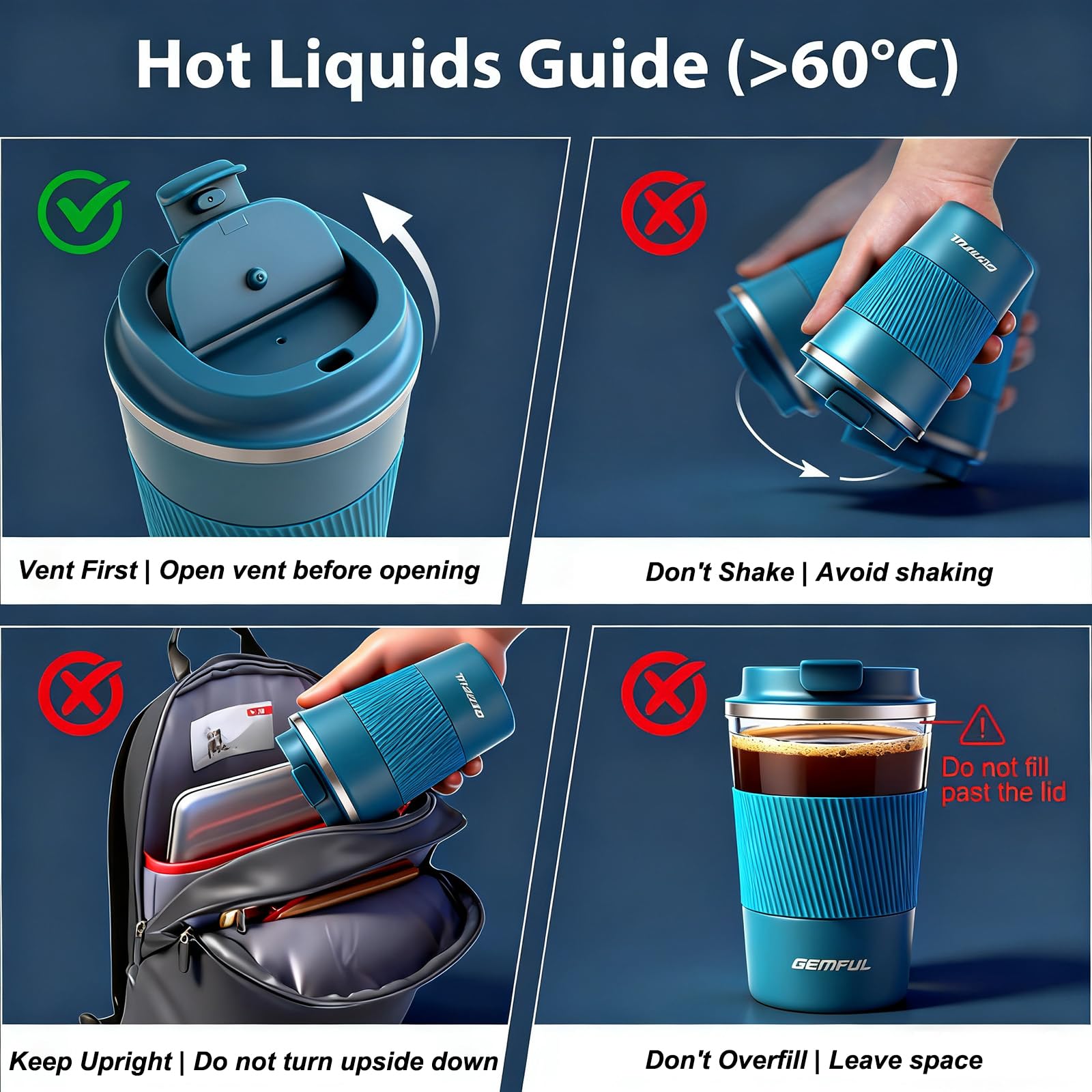 GEMFUL leak proof lid travel mug prevents spills during commutes.