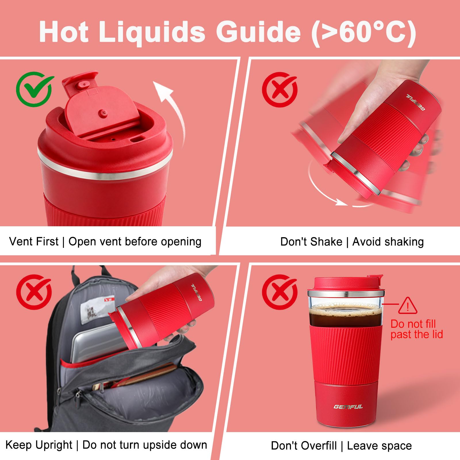 GEMFUL leak-proof lid seals to minimize spills during travel.