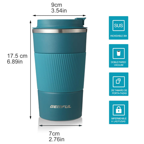 GEMFUL insulated stainless steel mug blue with silicone sleeve provides secure non-slip grip.
