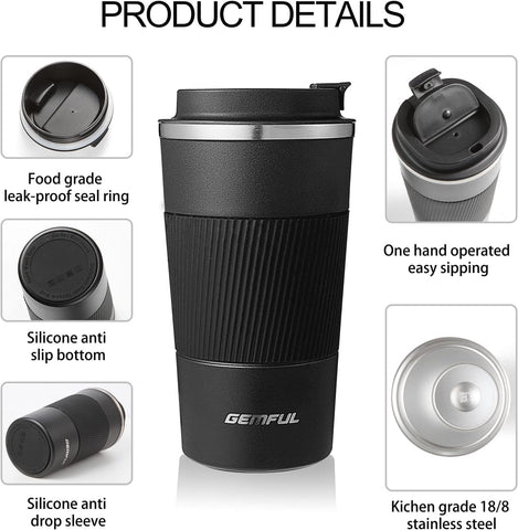 GEMFUL To Go mug leak-proof lid prevents spills during travel.