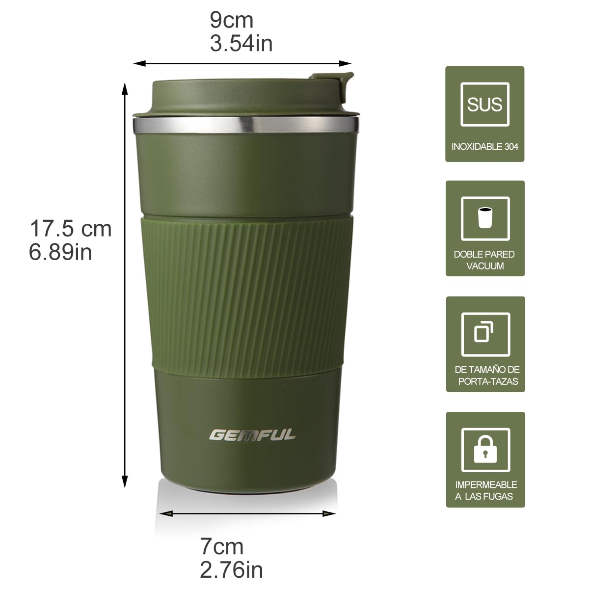 GEMFUL To Go mug with silicone sleeve offers a secure, comfortable grip.