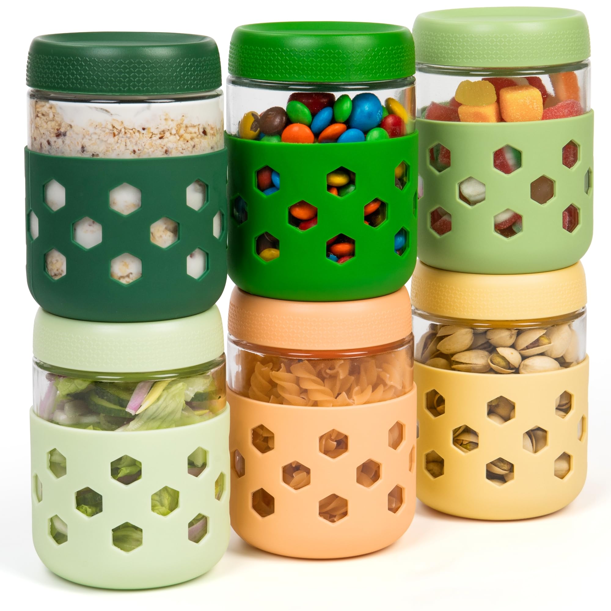 Gemice 6-pack glass jars with silicone sleeve providing secure grip and drop protection.