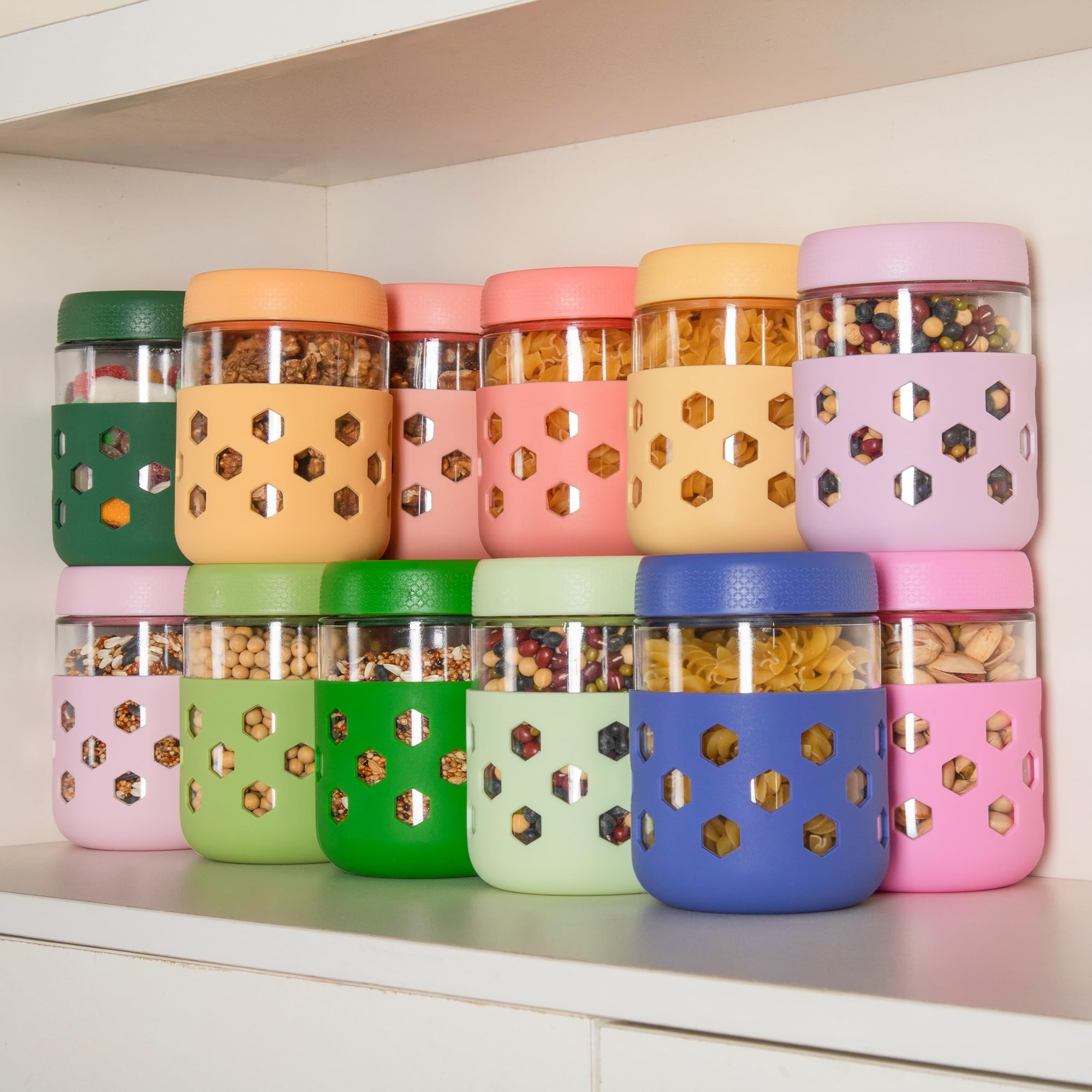 Gemice BPA-free glass storage jars promote eco-friendly organization.