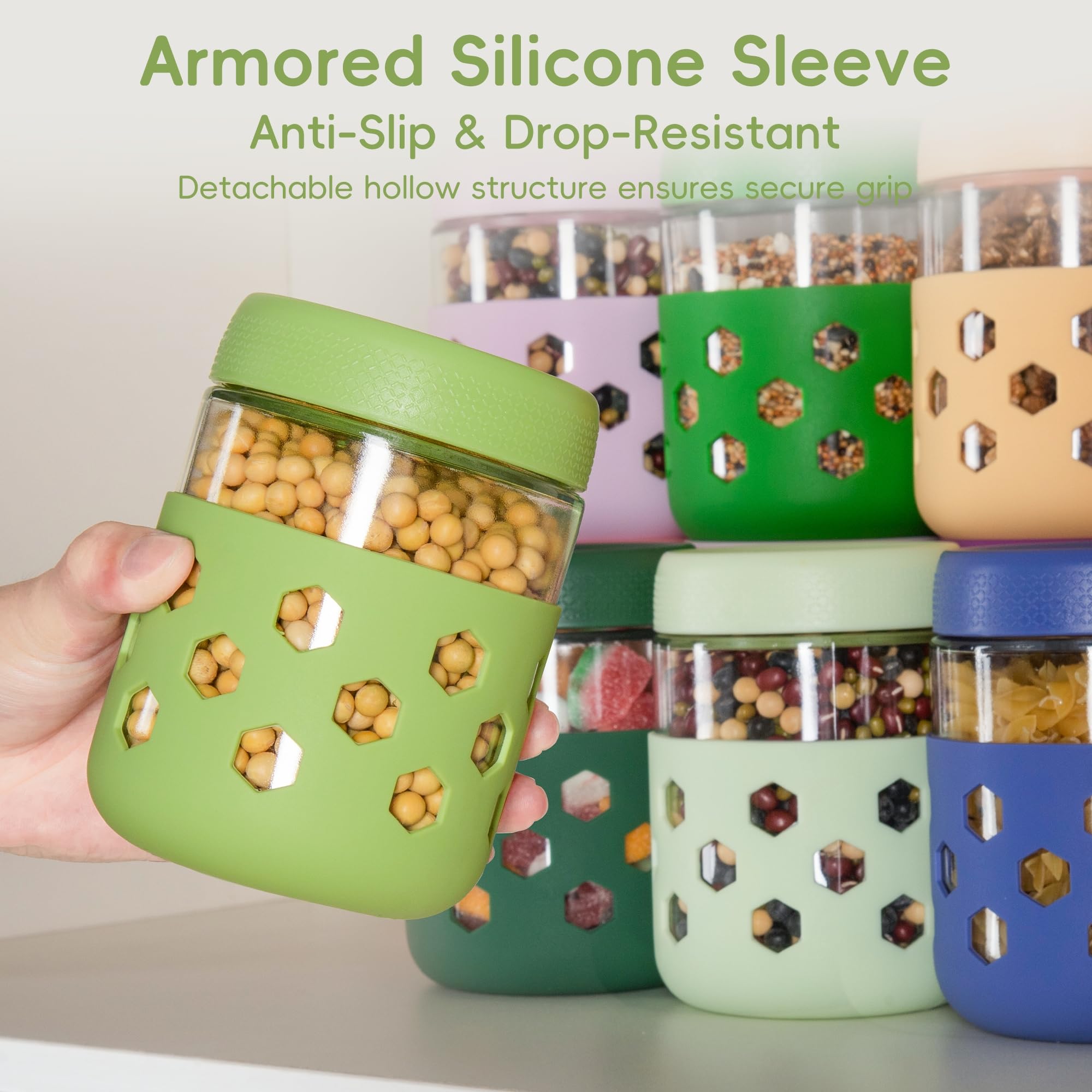 Gemice overnight oats jars with silicone sleeve for grip and handling in wet conditions.