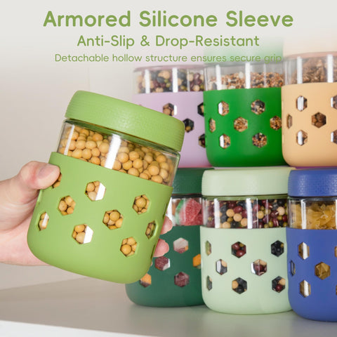 Gemice overnight oats jars with silicone sleeve for grip and handling in wet conditions.