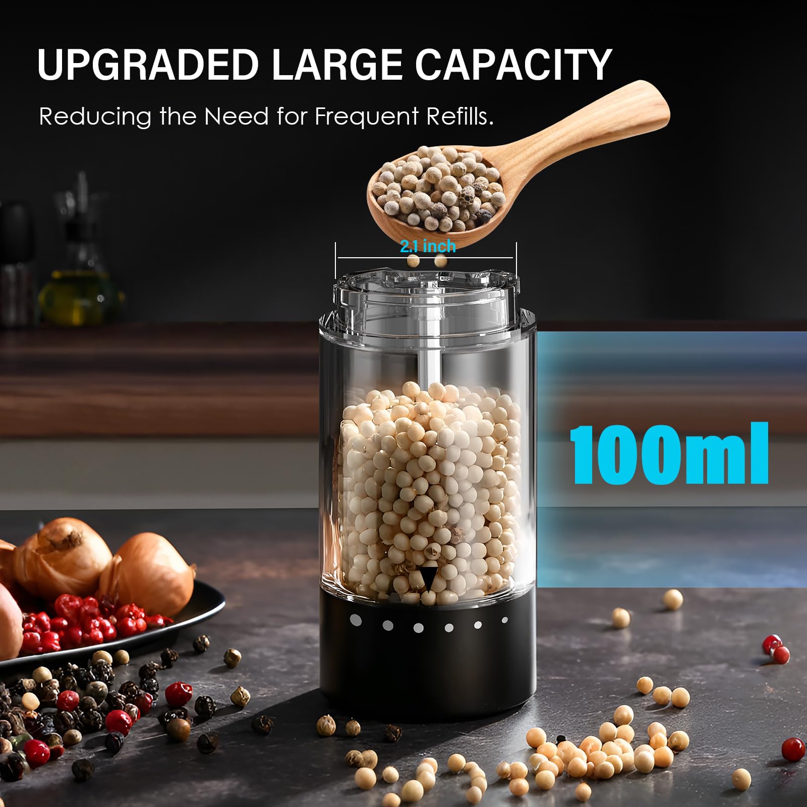 GEMII 360-degree transparent chamber reveals remaining spices at a glance.