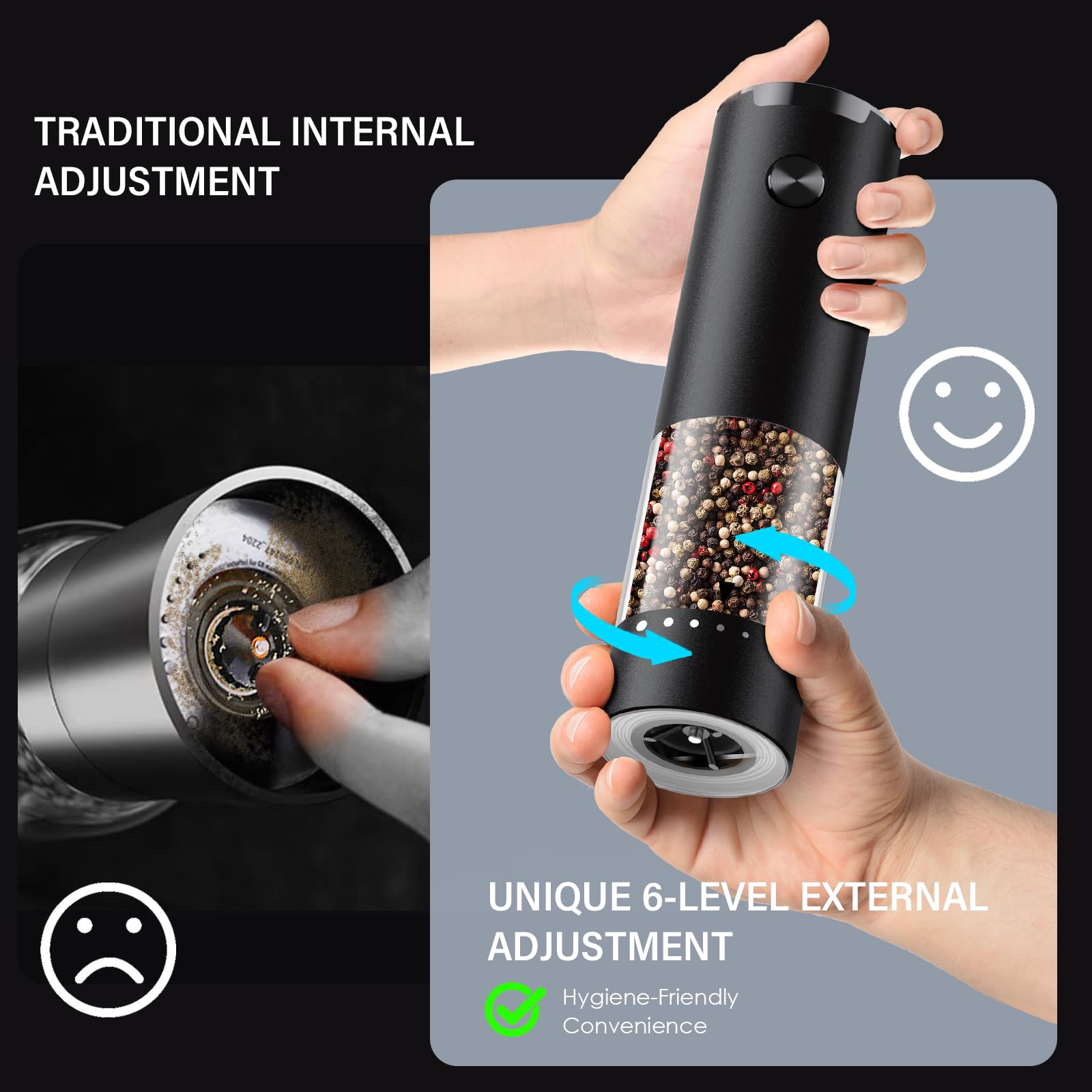 GEMII battery-powered grinder operated with one hand for easy seasoning.
