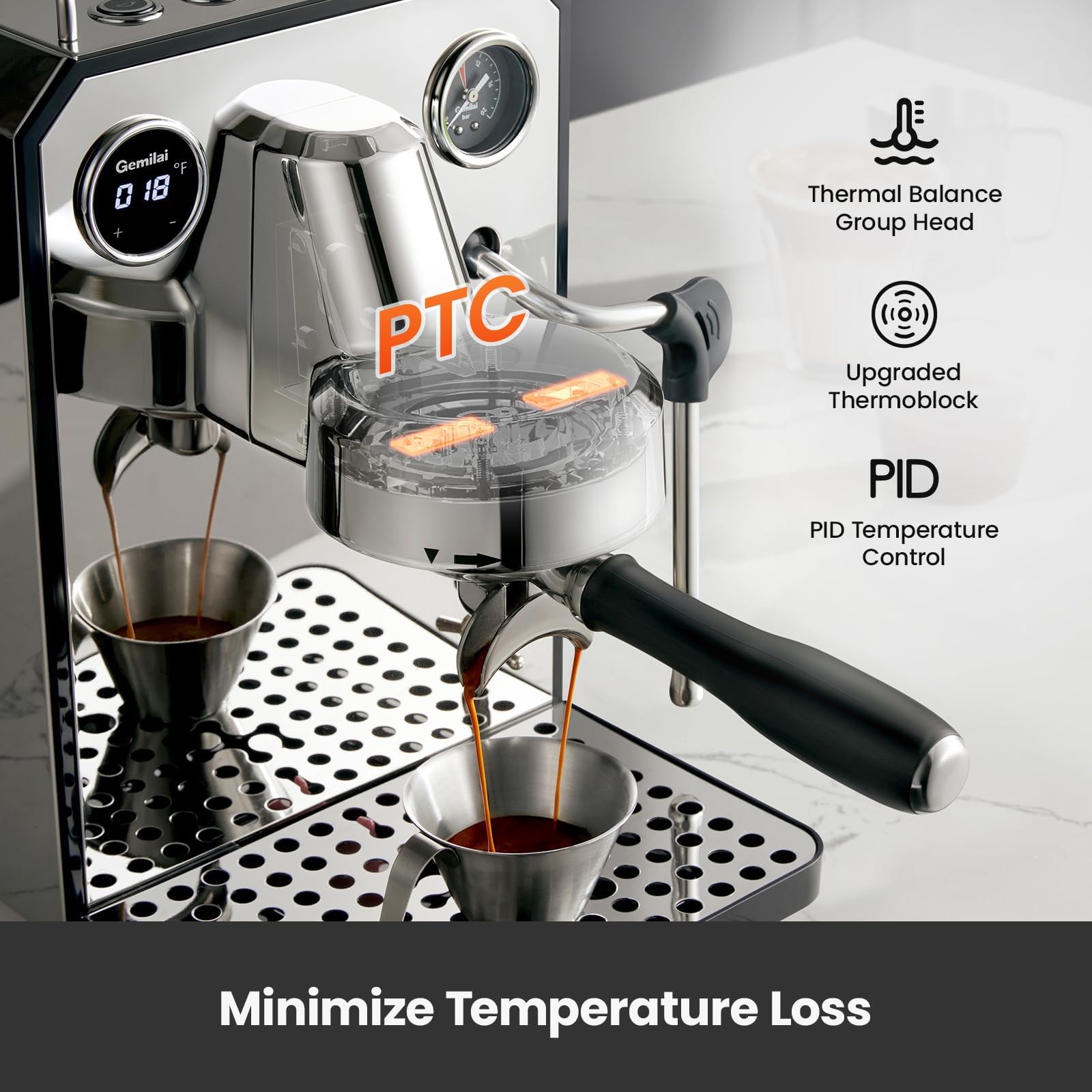 Gemilai Owl Espresso Machine dual display shows real-time brew data for precision.