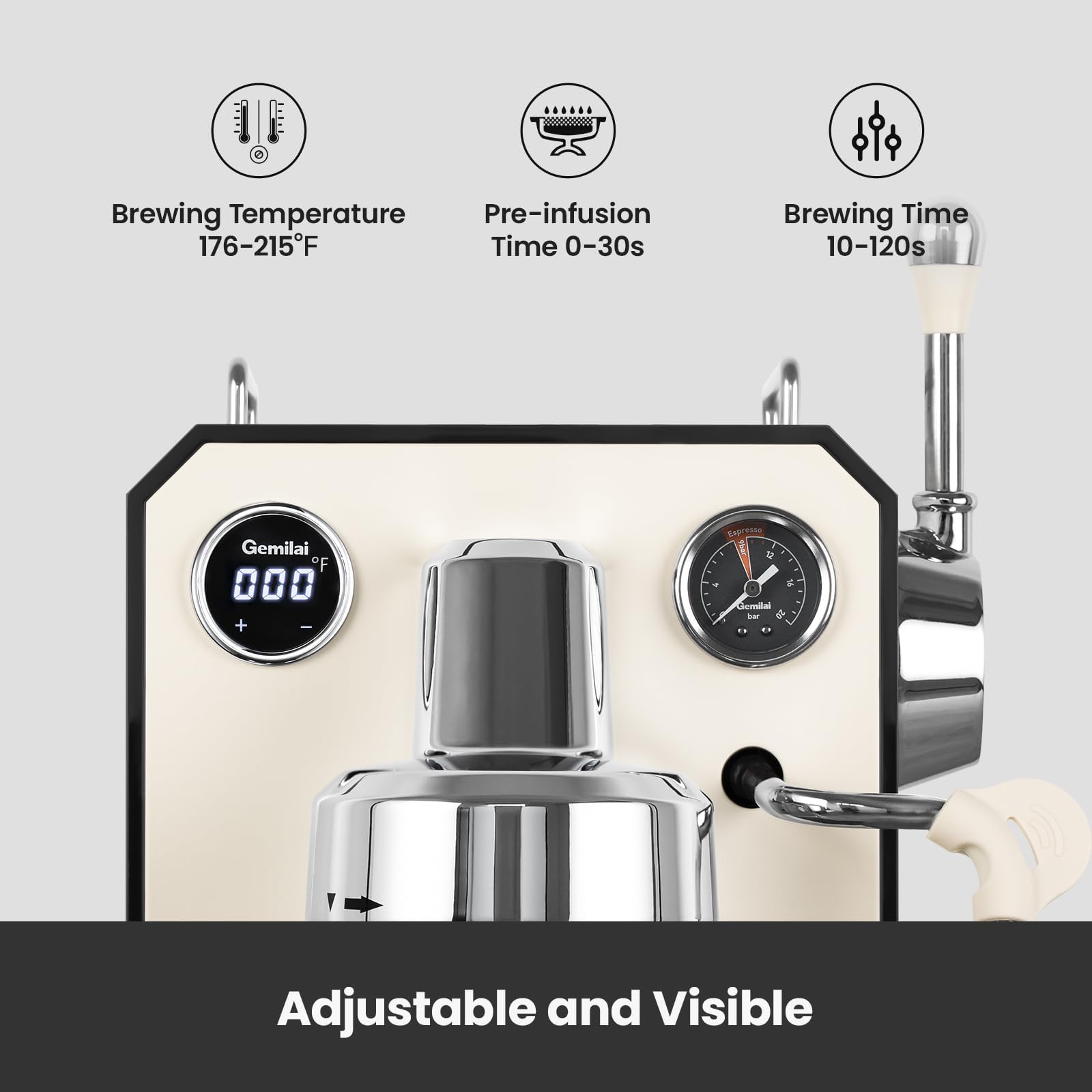 Gemilai Owl Espresso Machine dual display showing real-time brew parameters.