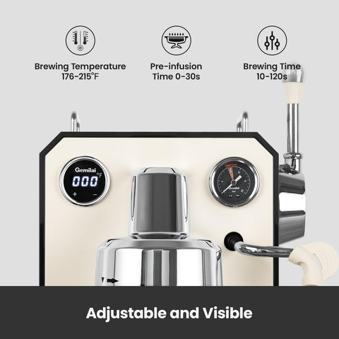 Gemilai Owl Espresso Machine dual display showing real-time brew parameters.