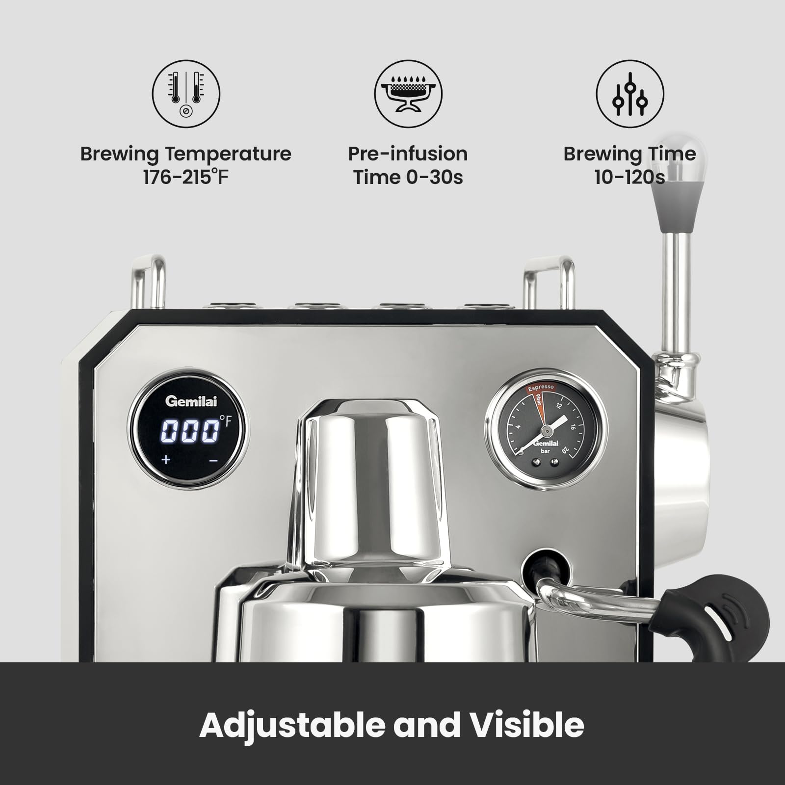 Gemilai Owl Espresso Machine swivel steam wand for precise milk frothing at home.