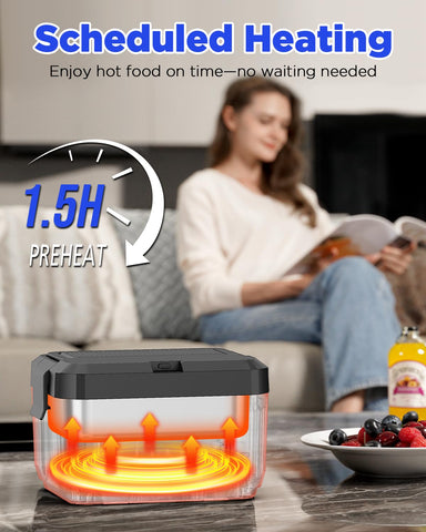 Genasmil self-heating lunch box in use for warm meals during travel.