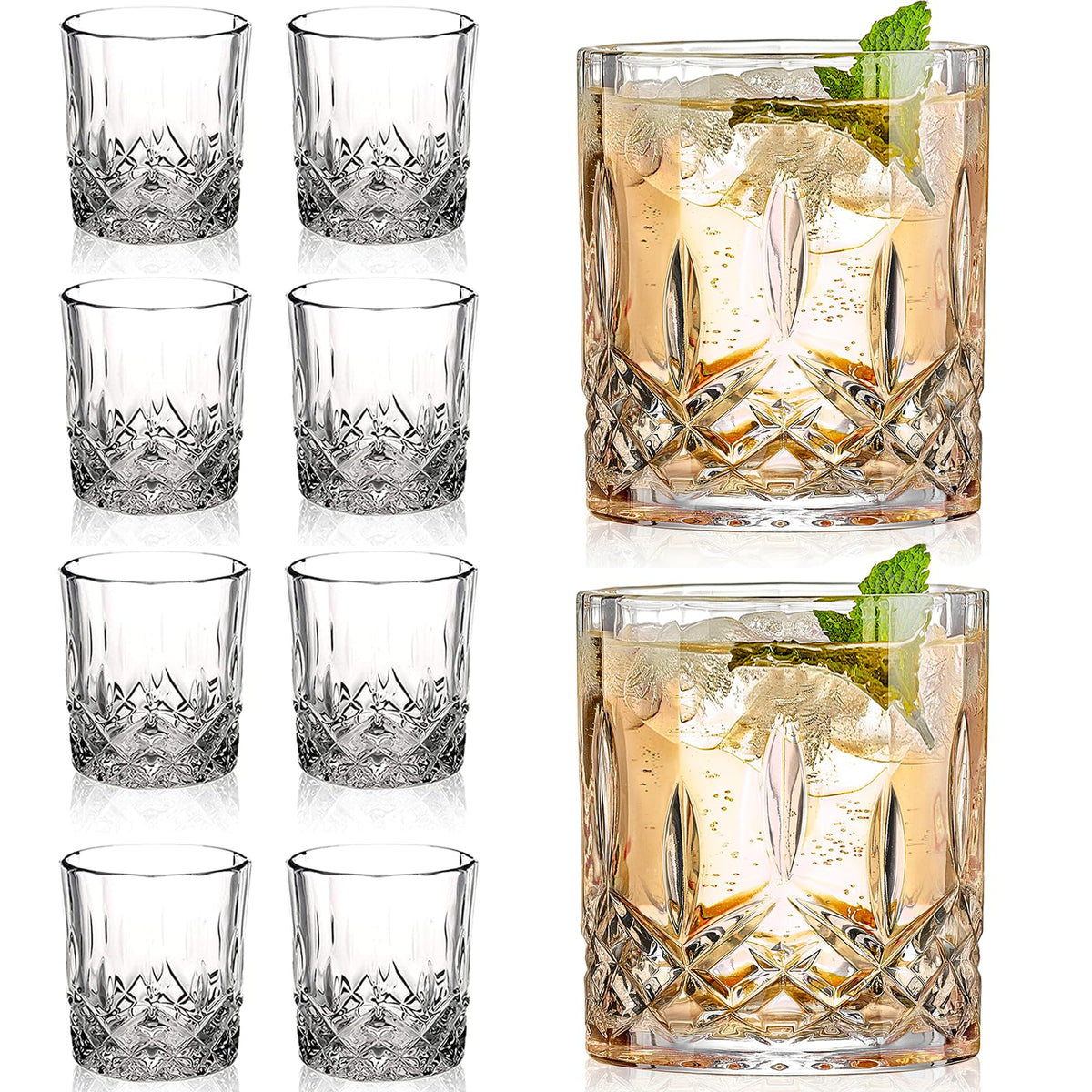 Gencywe crystal whiskey glass set of 8 on a bar countertop, ideal for home entertaining