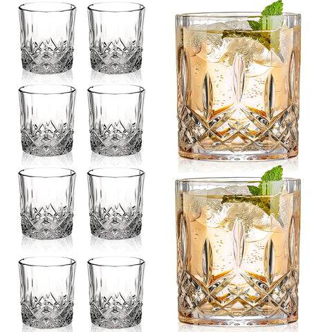 Gencywe crystal whiskey glass set of 8 on a bar countertop, ideal for home entertaining