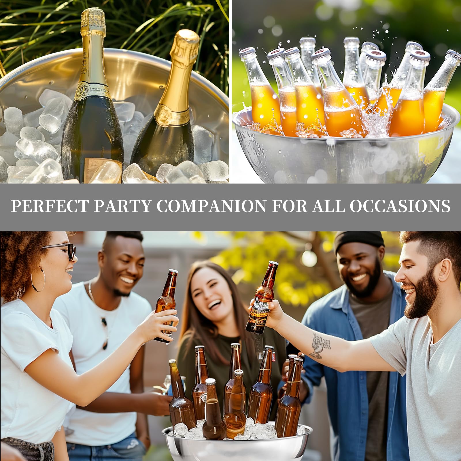 Generic ice bucket holds bottles and fruits for versatile chilling.