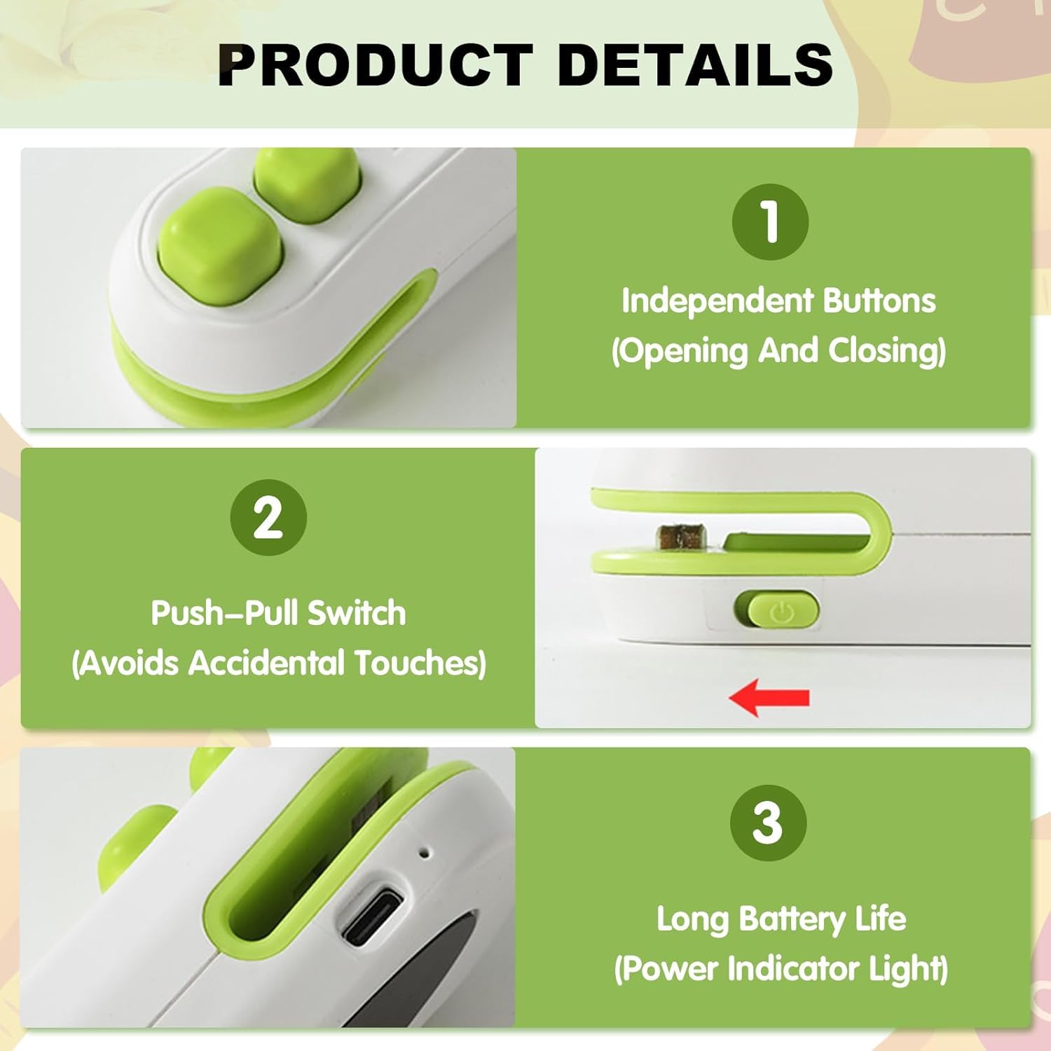 Generic mini sealer helps preserve freshness of opened chips and nuts.