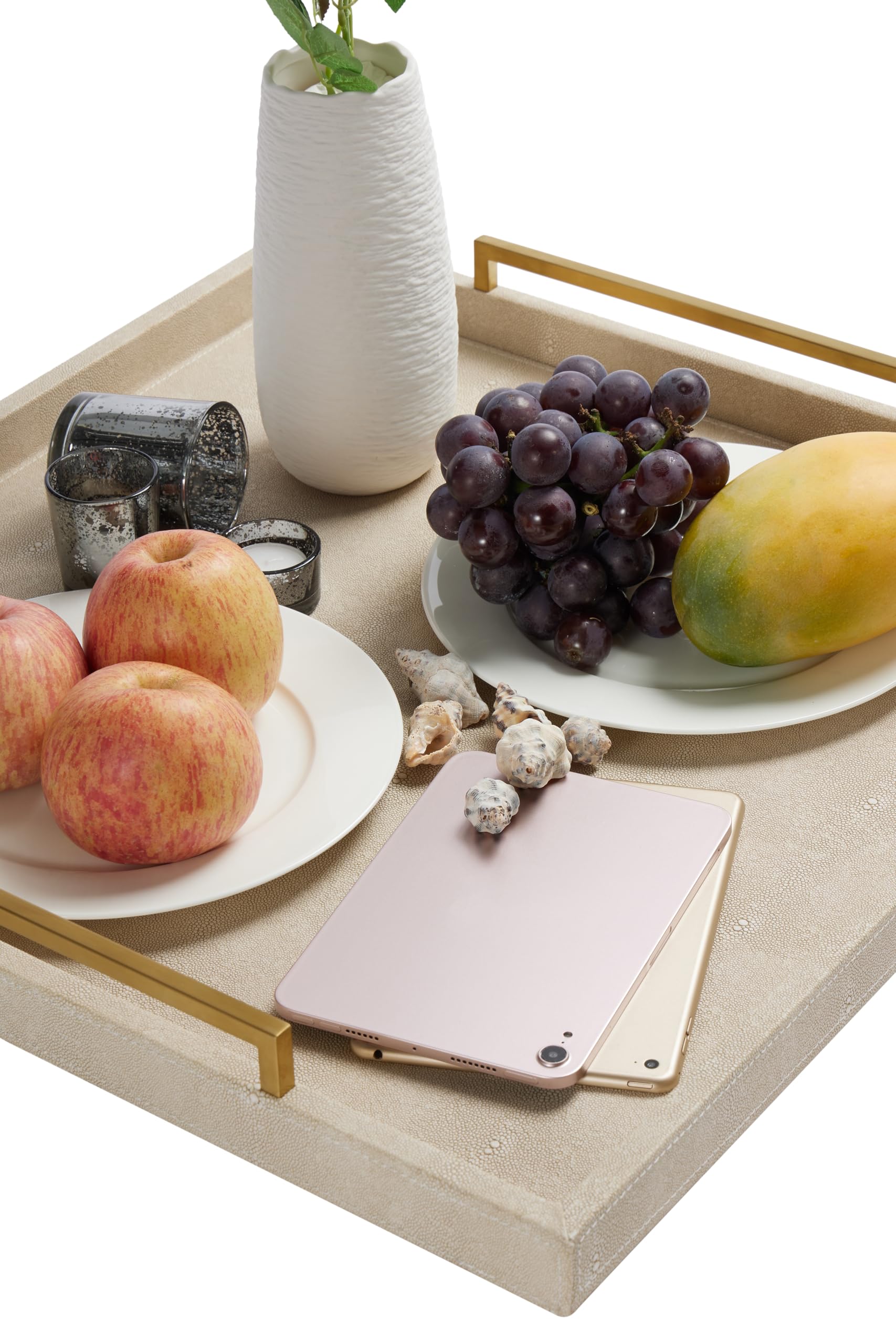 Generic 24x24 tray on coffee table enhances room display and organization.