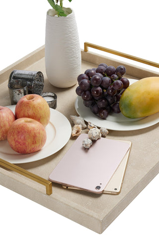 Generic 24x24 tray on coffee table enhances room display and organization.