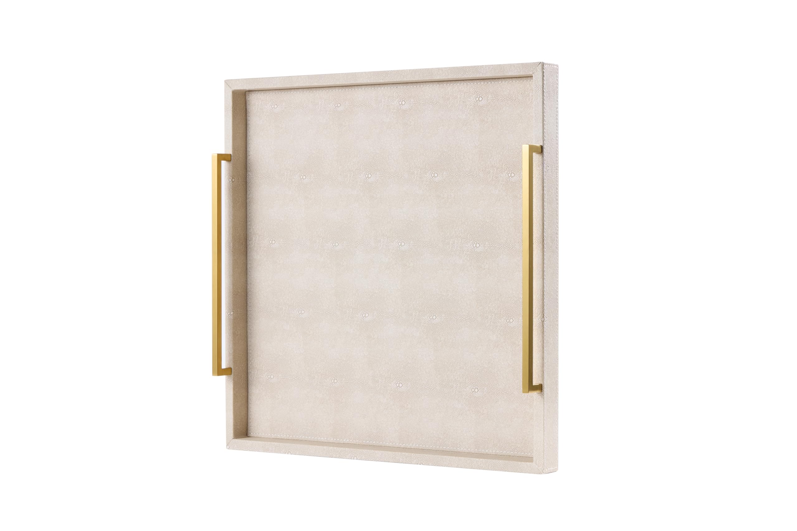 Generic 24x24 oversized square ottoman tray with ivory shagreen and gold handles on a coffee table.
