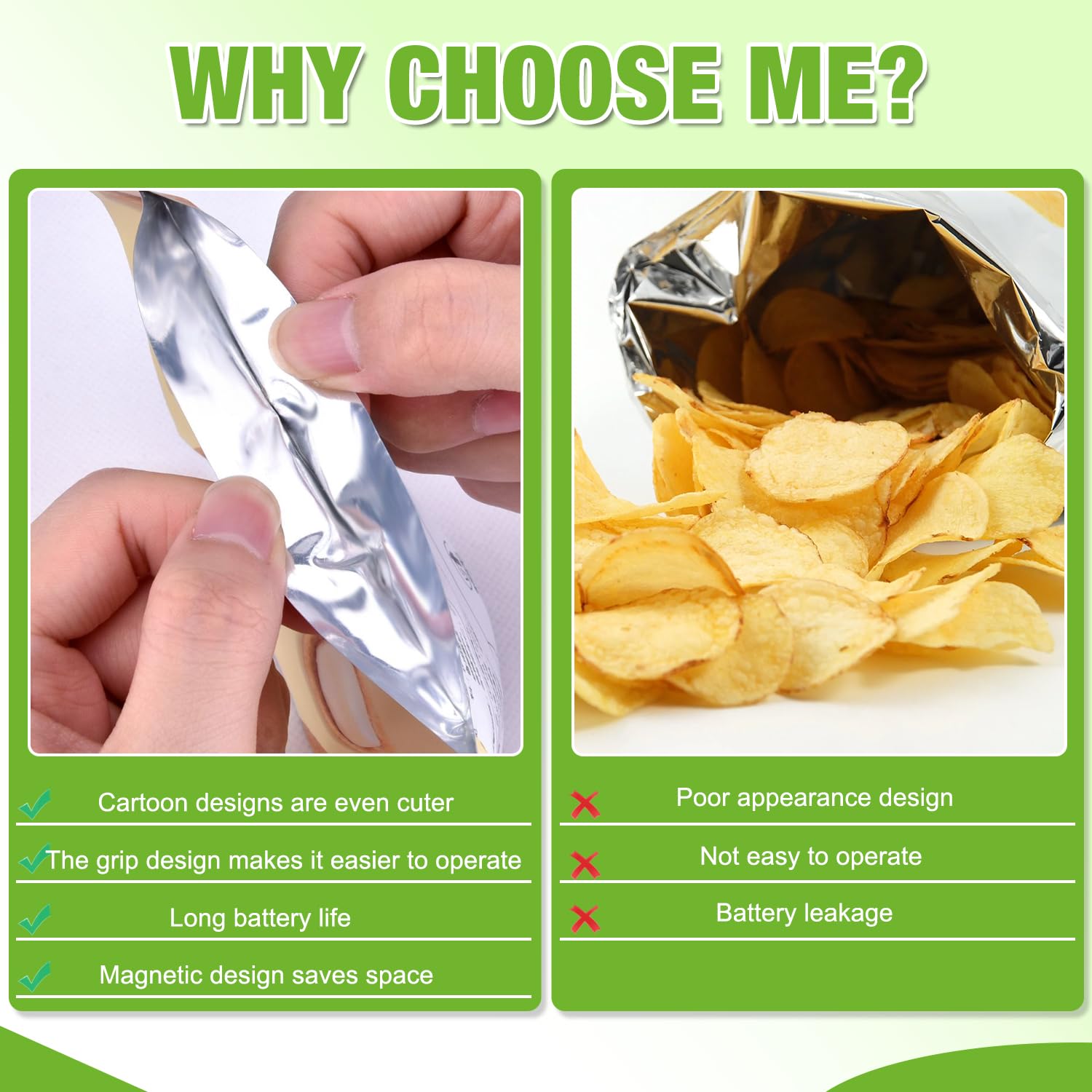 Generic 2-in-1 mini bag sealer green and purple colors for travel-friendly use.