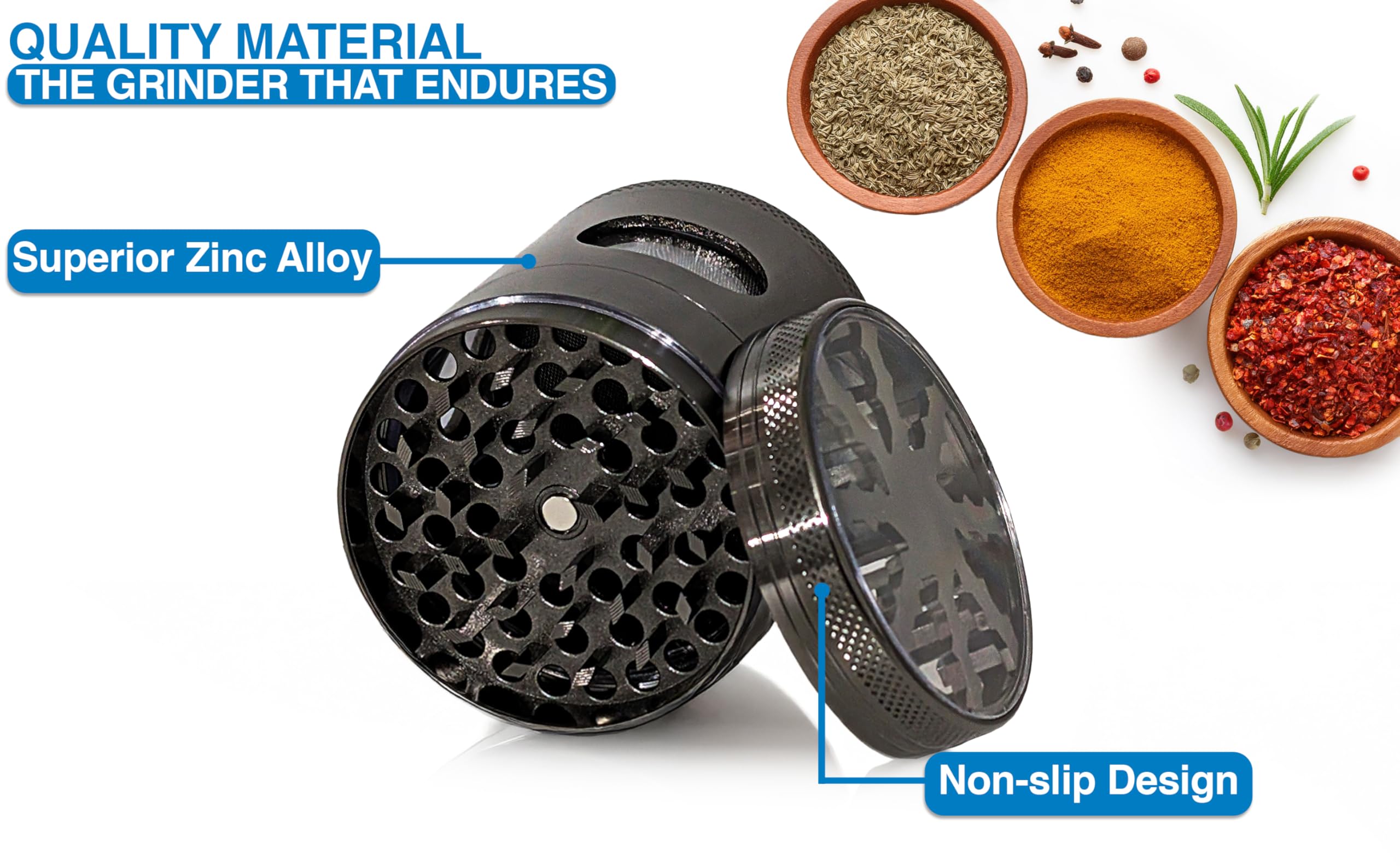 Generic 4-Piece Spice Grinder magnetic lid, prevents spills.