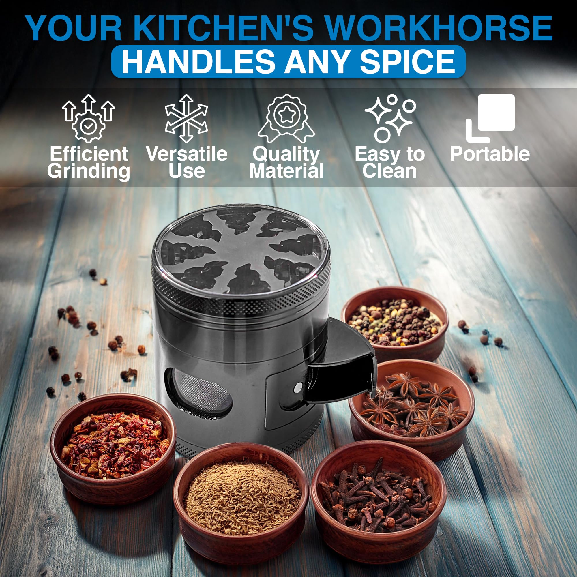 Generic 4-Piece Spice Grinder portable design, fits in backpack.