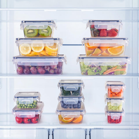 Generic containers with leak-proof four-sided latches keep sauces secure in the fridge.