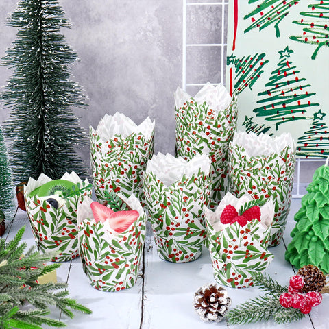 Generic 5.9 by 5.9 inch tulip liners fit most cupcake pans.