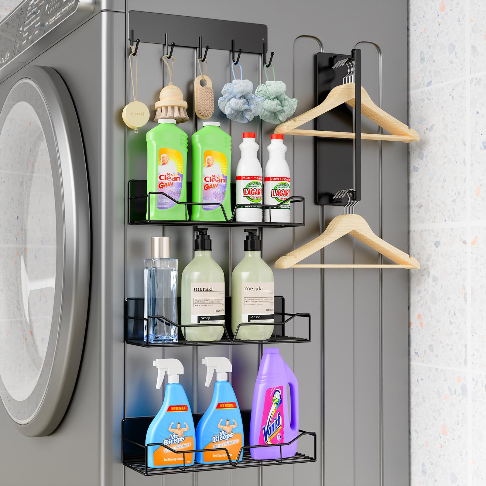 Generic magnetic shelf attached to a washing machine keeps laundry essentials within reach.