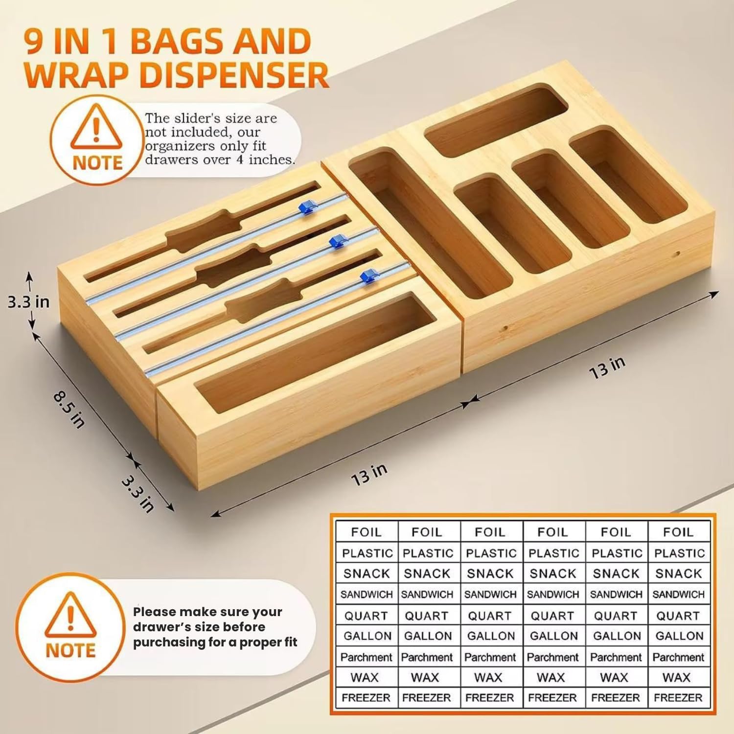 Generic bamboo foil wrap organizer showing natural finish and keeps wraps tidy
