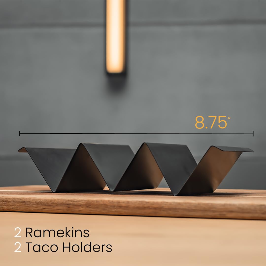 Generic black stainless steel taco stands hold 3 tacos per rack for a party spread