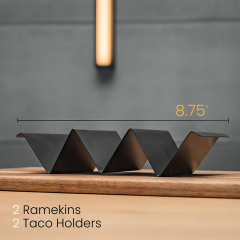 Generic black stainless steel taco stands hold 3 tacos per rack for a party spread