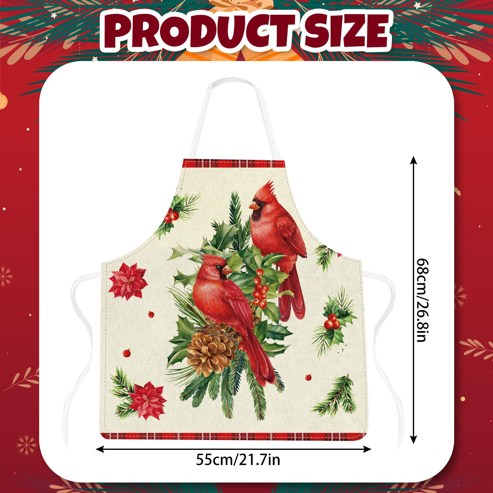Generic cardinal apron with merry Christmas text enhances festive mood during cooking.