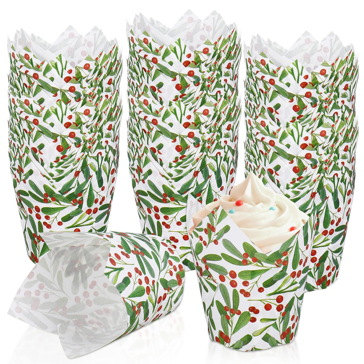 Generic Christmas tulip cupcake liners in red and green with holly leaves, ideal for festive baking.