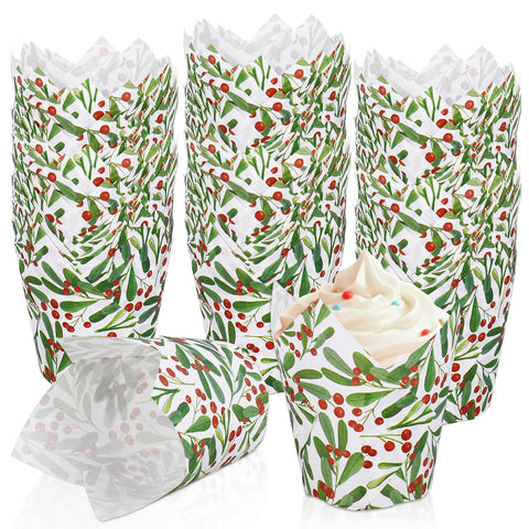 Generic Christmas tulip cupcake liners in red and green with holly leaves, ideal for festive baking.