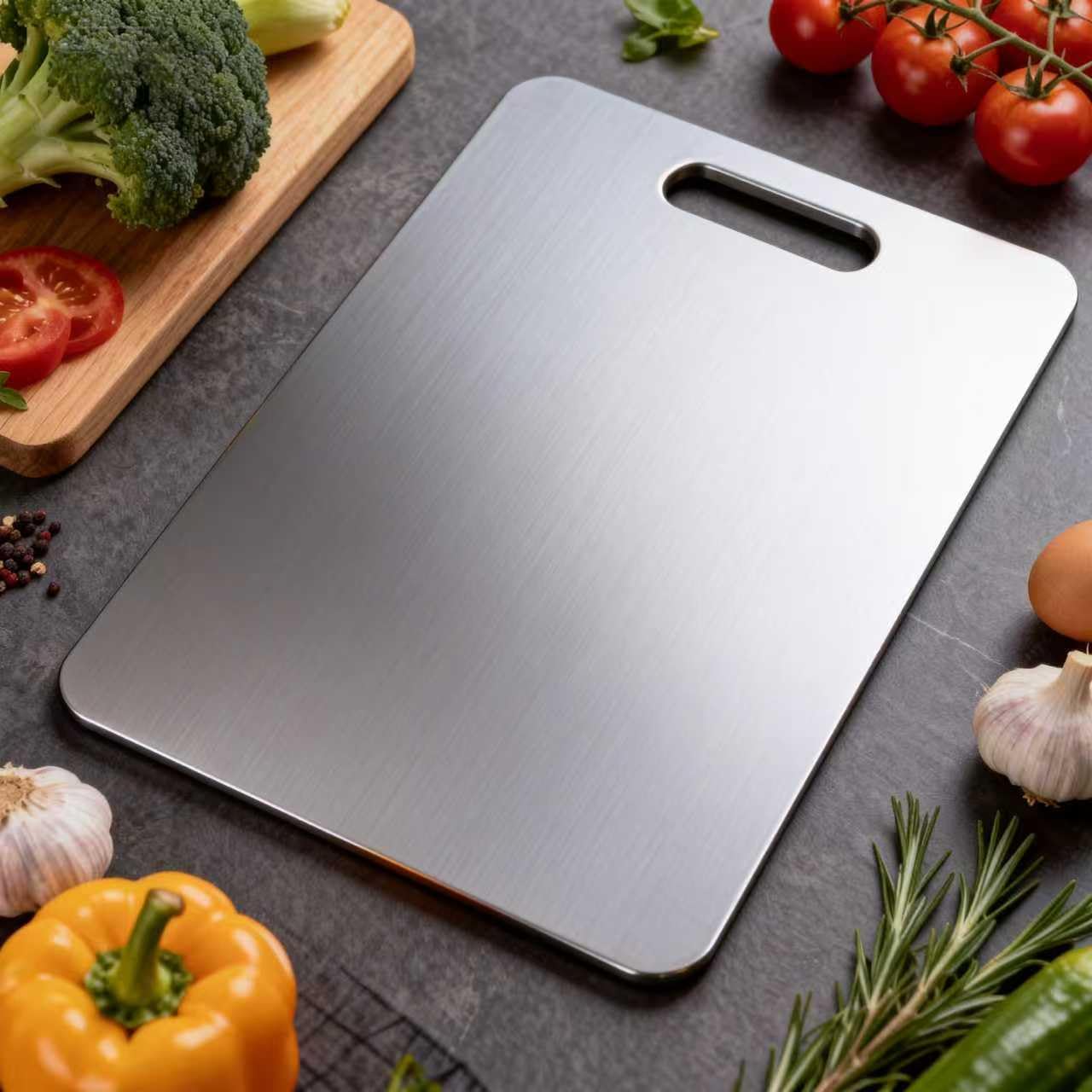Generic cutting board dough-prep surface ideal for rolling pastry on steel.