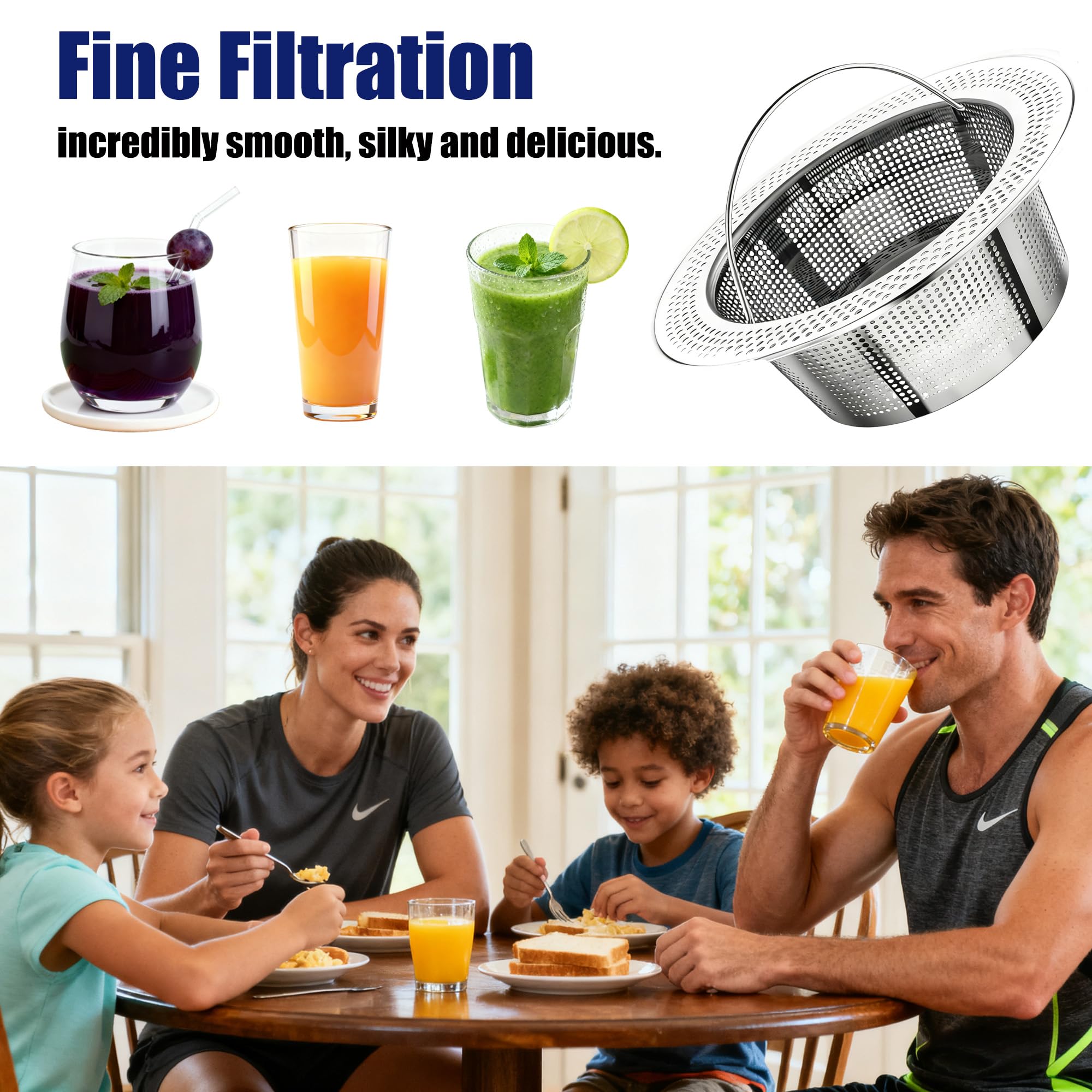 Generic dishwasher-safe filter makes post-juicing cleanup easy.