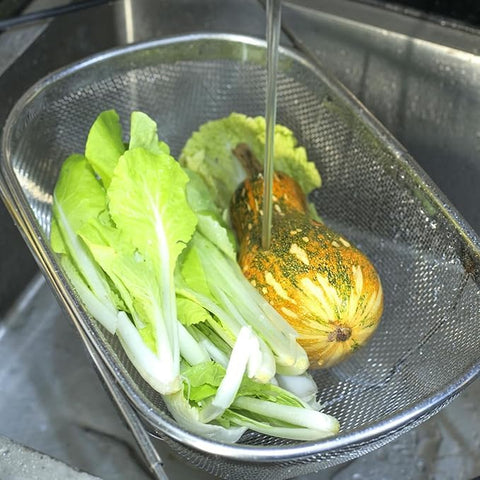 Generic dishwasher-safe stainless steel colander for quick cleanup after meals.